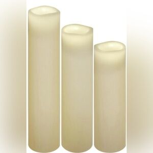 Set of 3 battery operated real wax candles remote +batteries. 8.5”, 8”,7” ivory
